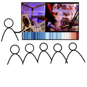 Vortragsreihe Symbolbild: Eine stilisierte Person zeigt mit einem kurzen Zeigestock auf eine Tafel. Darauf steht Ist das Müll, oder kann das weg? Auf einem Bild ist Computerschrott. Ein Bild rechts zeigt eine Werkbank mit verschiedenen Arbeitsgeräten, u.a. ein Multimeter. Man sieht Hände von drei verschiedenen Personen, die etwas halten oder tun. Fünf stilisierte Strichfiguren symbolisieren das Publikum. Am unteren Rand der Tafel befinden sich die Warming Stripes.
