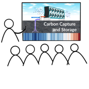 Vortragsreihe Symbolbild: Eine stilisierte Person zeigt mit einem kurzen Zeigestock auf eine Tafel. Darauf steht: Carbon Capture and Storage. Auf dem Bild ist eine stilisierte Filteranlage, die auf grauem Gestein steht. Pfeile deuten an, dass etwas aus der Anlage heraus in den Boden gebracht wird. Fünf stilisierte Strichfiguren symbolisieren das Publikum. Am unteren Rand der Tafel befinden sich die Warming Stripes.