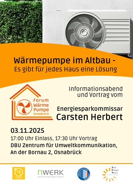 Foto einer Wärmepumpe Wärmepumpe im Altbau - Es gibt für jedes Haus eine Lösung Informationsabend und Vortrag vom Energiesparkommissar Carsten Herbert. Logo Forum Wärmepumpe Osnabrück